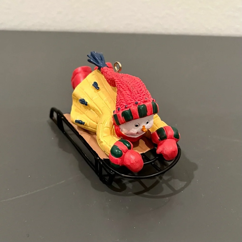 Rare Vintage Snowball‎ Kid On Metal Sleigh Sled Christmas Decoration Ornament 05